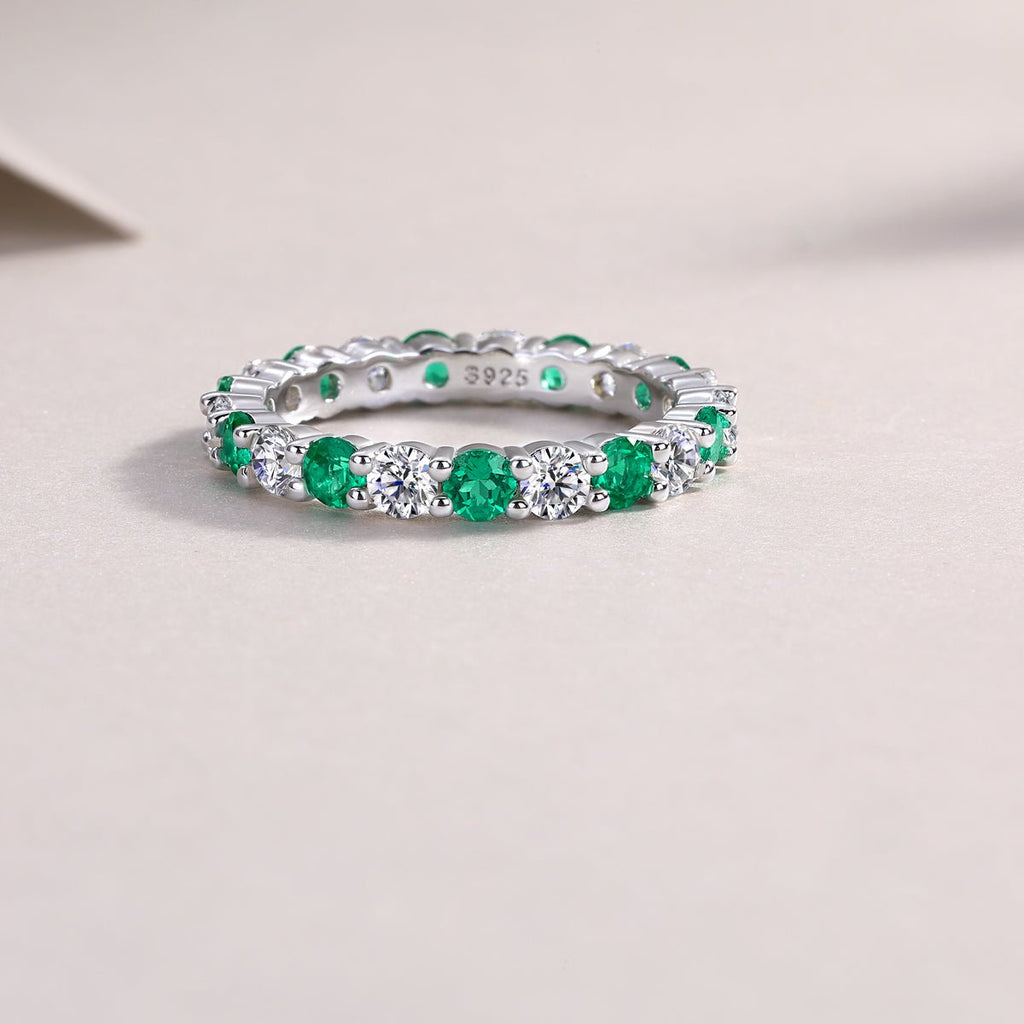 Bague d'Éternité 2,4g en Argent S925 Plaqué Platine, Pierres Vertes et Blanches Alternées - IVOIRART.COM
