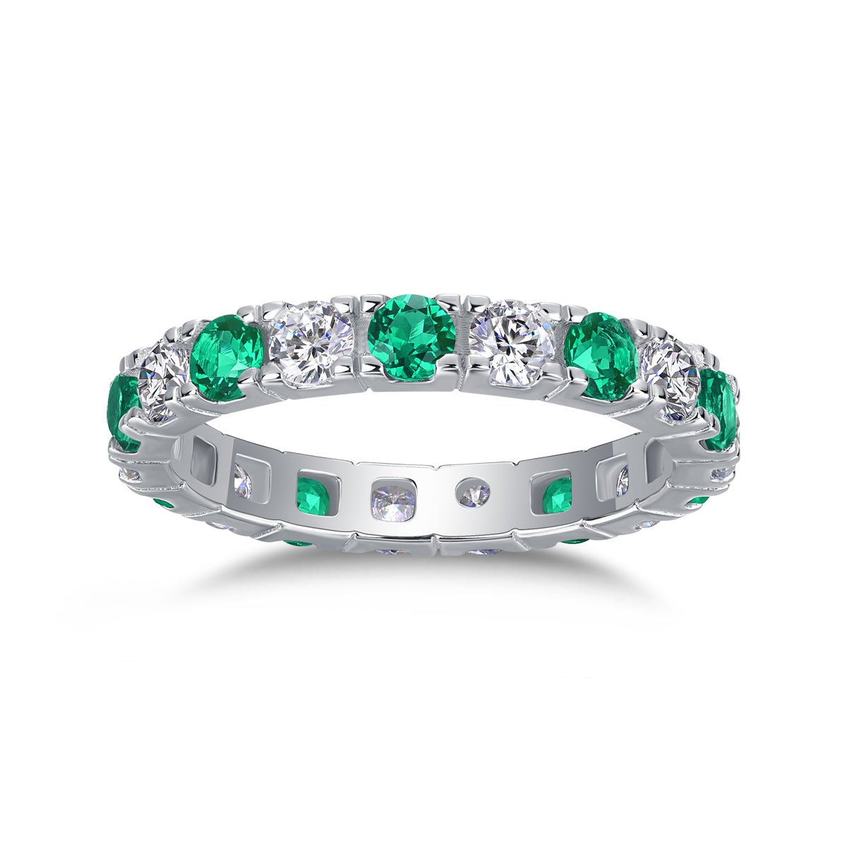 Bague d'éternité alternée en argent S925 plaqué platine 2,4 g, pierres vertes et blanches, anneau complet délicat empilable pour femmes, coffret cadeau bijou - IVOIRART.COM