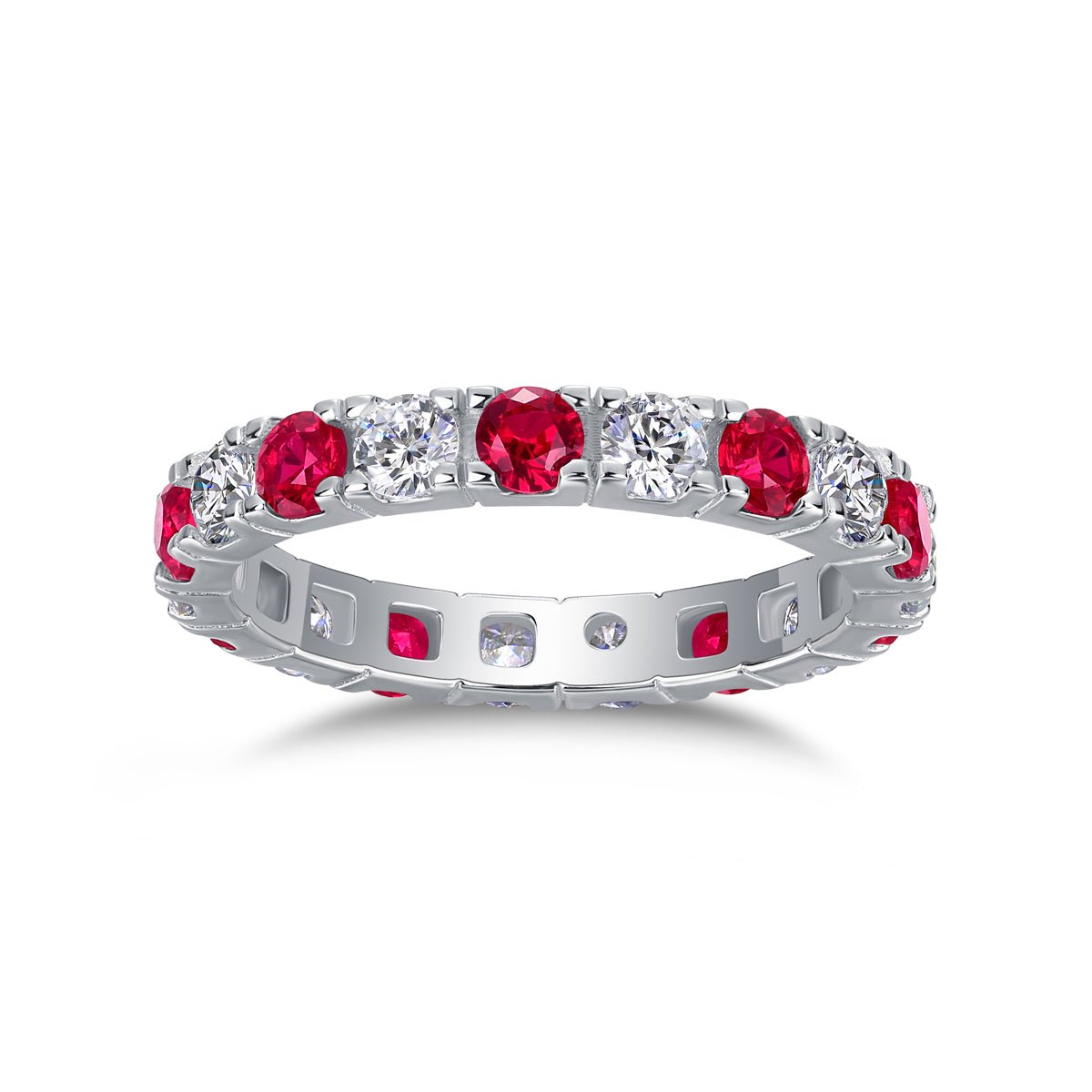 Bague d'éternité en argent S925 plaqué platine 2,4g avec rubis synthétique et pierres blanches - bague délicate empilable pour femme - IVOIRART.COM