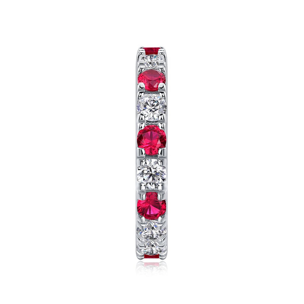 Bague d'éternité en argent S925 plaqué platine 2,4g avec rubis synthétique et pierres blanches - bague délicate empilable pour femme - IVOIRART.COM