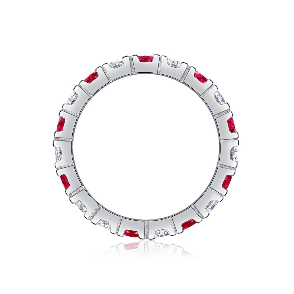 Bague d'éternité en argent S925 plaqué platine 2,4g avec rubis synthétique et pierres blanches - bague délicate empilable pour femme - IVOIRART.COM