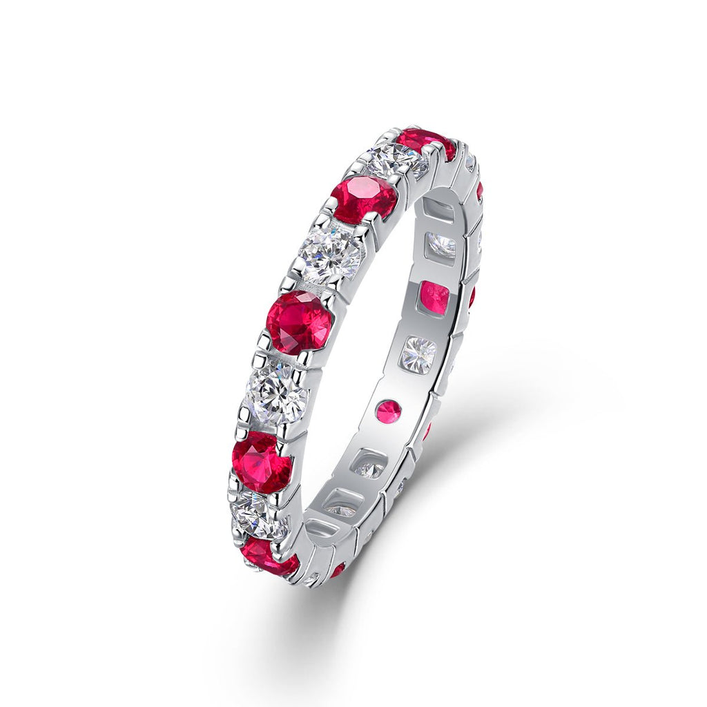 Bague d'éternité en argent S925 plaqué platine 2,4g avec rubis synthétique et pierres blanches - bague délicate empilable pour femme - IVOIRART.COM