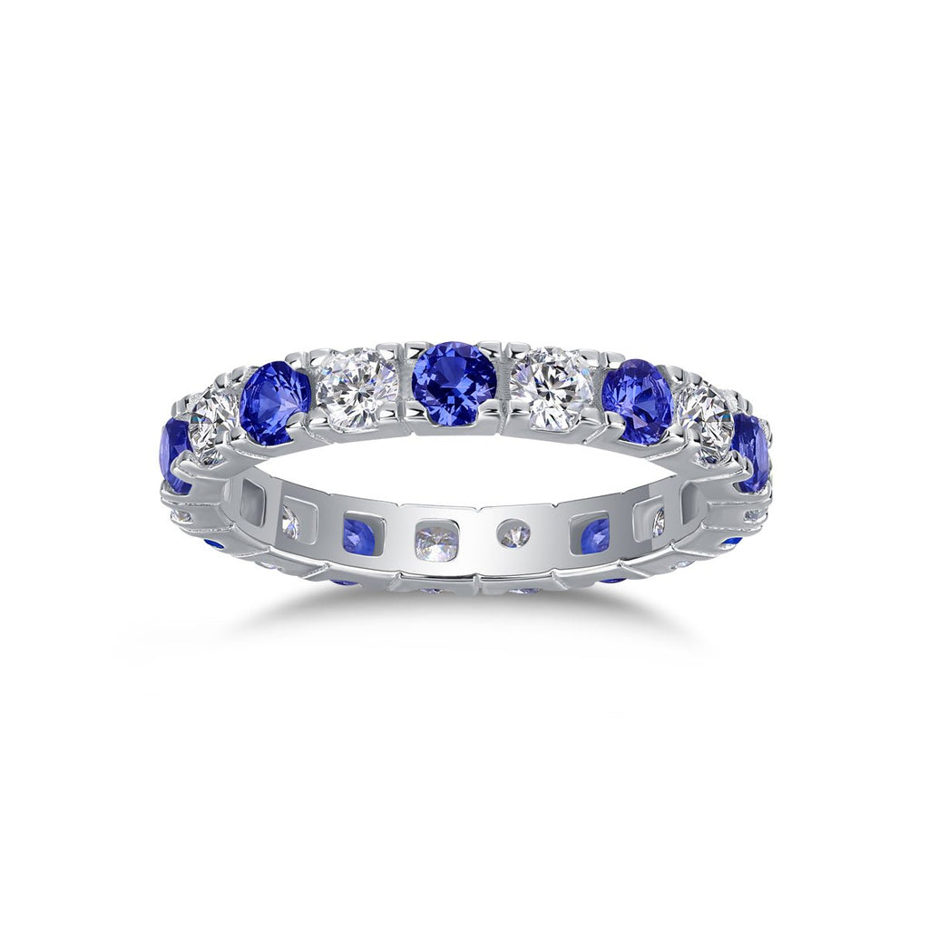 Bague d’éternité en argent S925 plaqué platine 2,4g avec saphirs bleus synthétiques et pierres blanches alternées, délicate bague de promesse pour femme en coffret - IVOIRART.COM