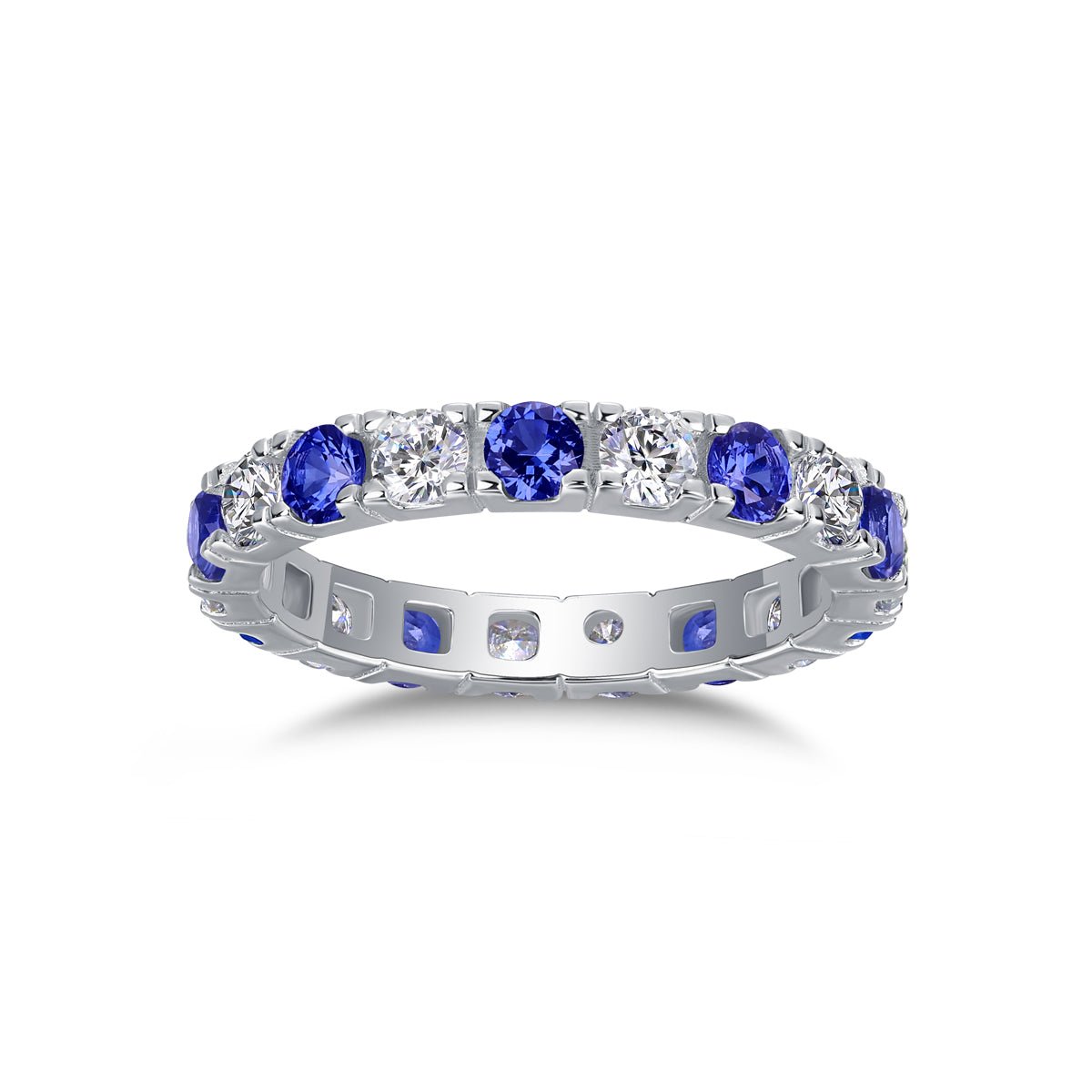 Bague d’éternité en argent S925 plaqué platine 2,4g avec saphirs bleus synthétiques et pierres blanches alternées, délicate bague de promesse pour femme en coffret - IVOIRART.COM