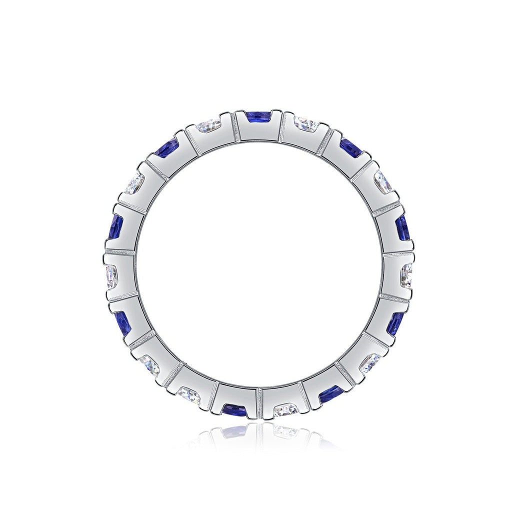 Bague d’éternité en argent S925 plaqué platine 2,4g avec saphirs bleus synthétiques et pierres blanches alternées, délicate bague de promesse pour femme en coffret - IVOIRART.COM
