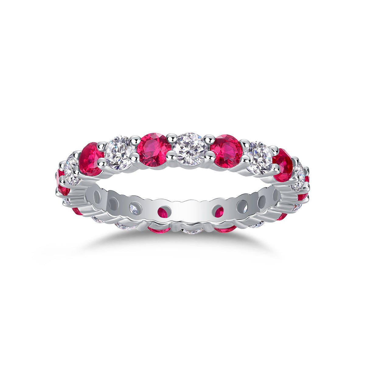 Bague d'éternité en argent sterling S925 2,4g plaqué platine avec rubis synthétiques et pierres blanches, anneau délicat ajouré, cadeau bijou femme - IVOIRART.COM