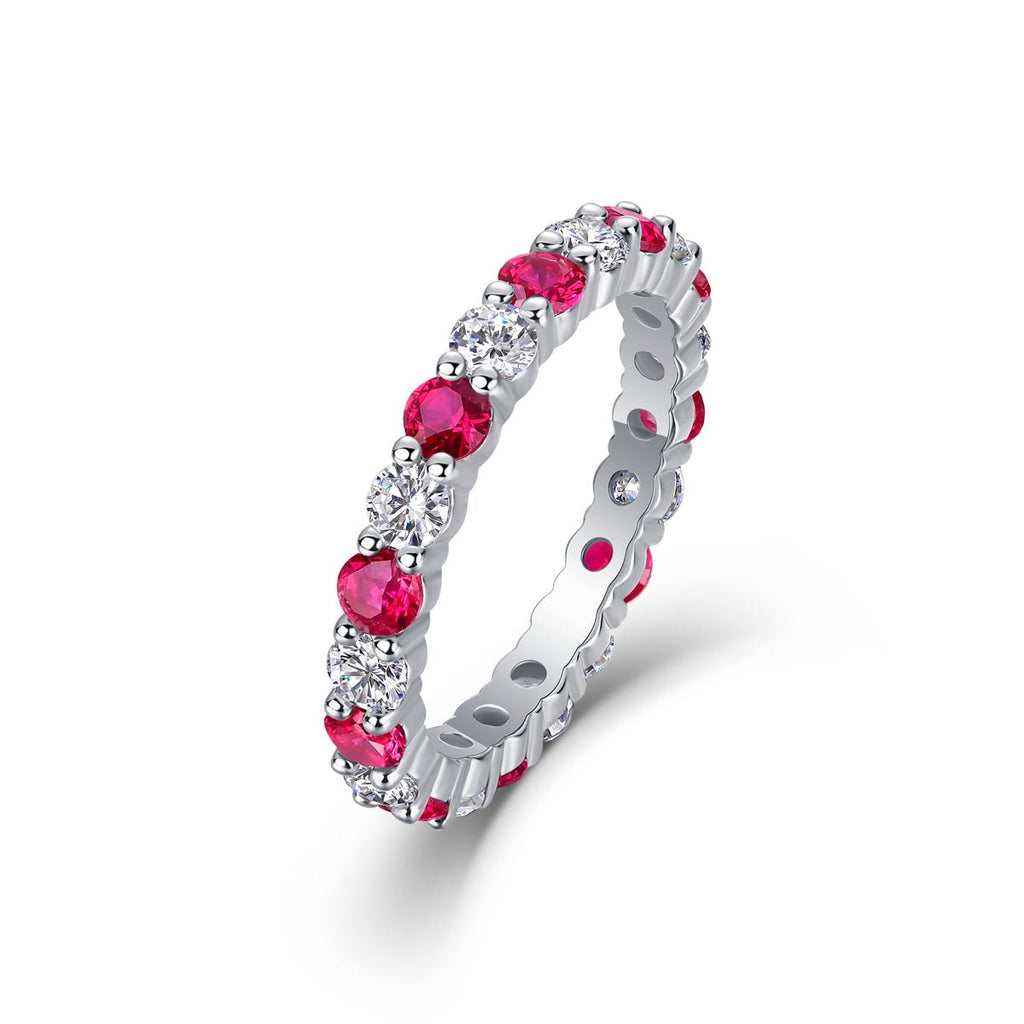 Bague d'éternité en argent sterling S925 2,4g plaqué platine avec rubis synthétiques et pierres blanches, anneau délicat ajouré, cadeau bijou femme - IVOIRART.COM