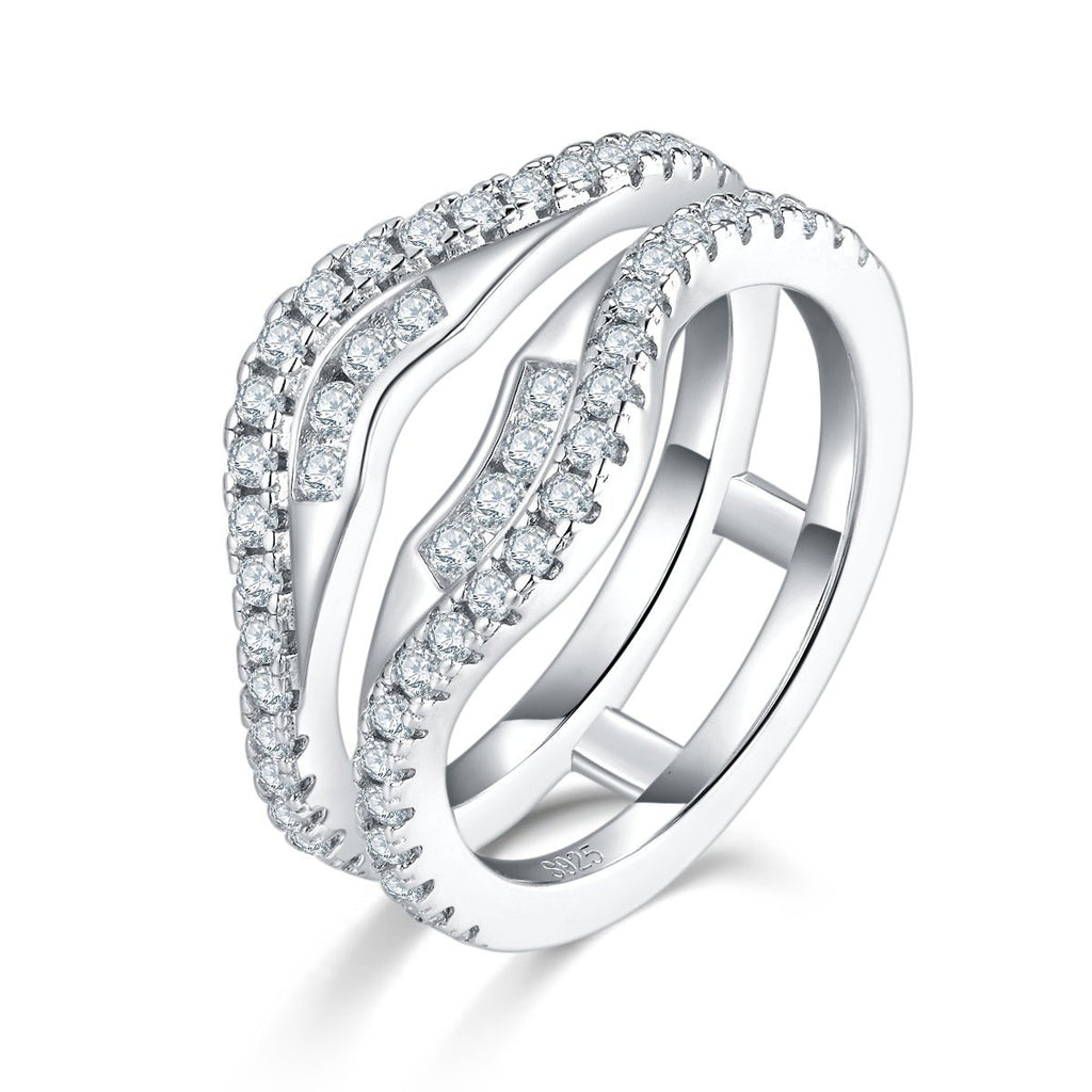 Bague double S925 argent sterling, 54 moissanites D-VVS1 pavé, plaqué platine 4.7g - IVOIRART.COM