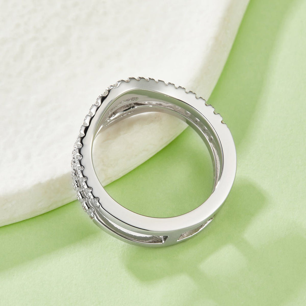 Bague double S925 argent sterling, 54 moissanites D-VVS1 pavé, plaqué platine 4.7g - IVOIRART.COM