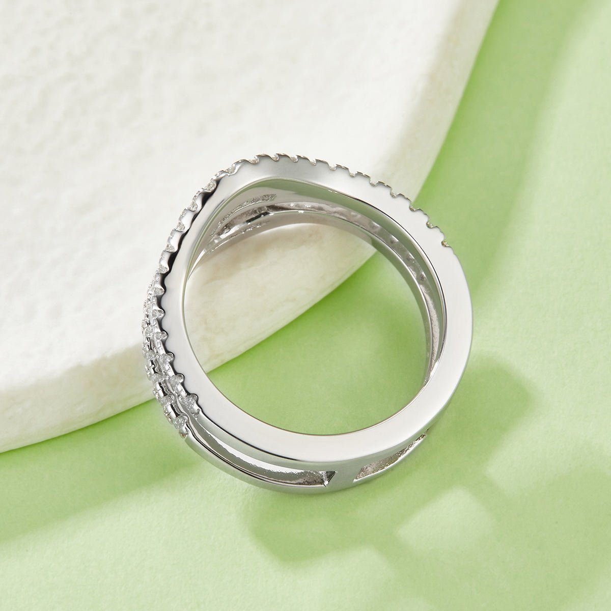 Bague double S925 argent sterling, 54 moissanites D-VVS1 pavé, plaqué platine 4.7g - IVOIRART.COM