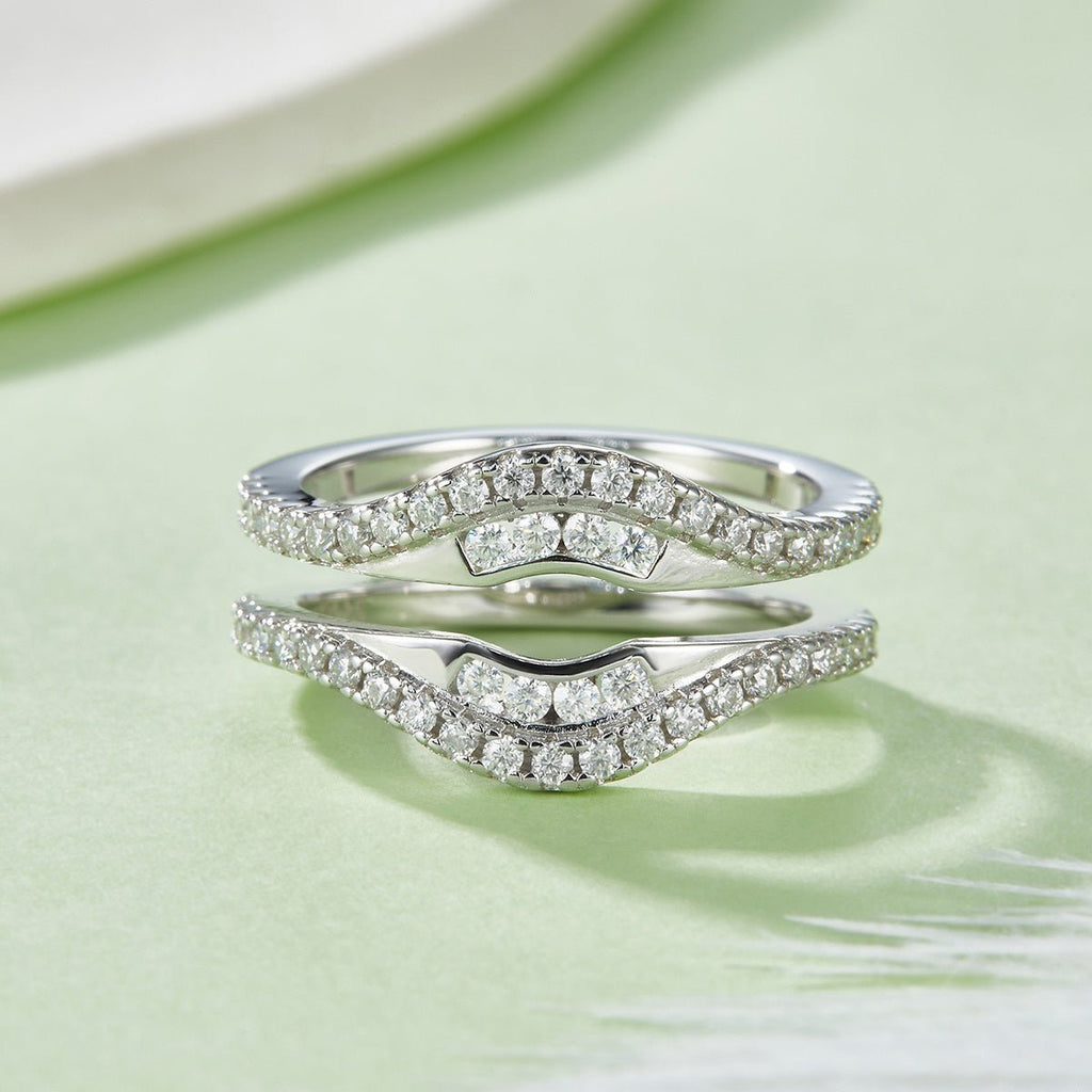 Bague double S925 argent sterling, 54 moissanites D-VVS1 pavé, plaqué platine 4.7g - IVOIRART.COM