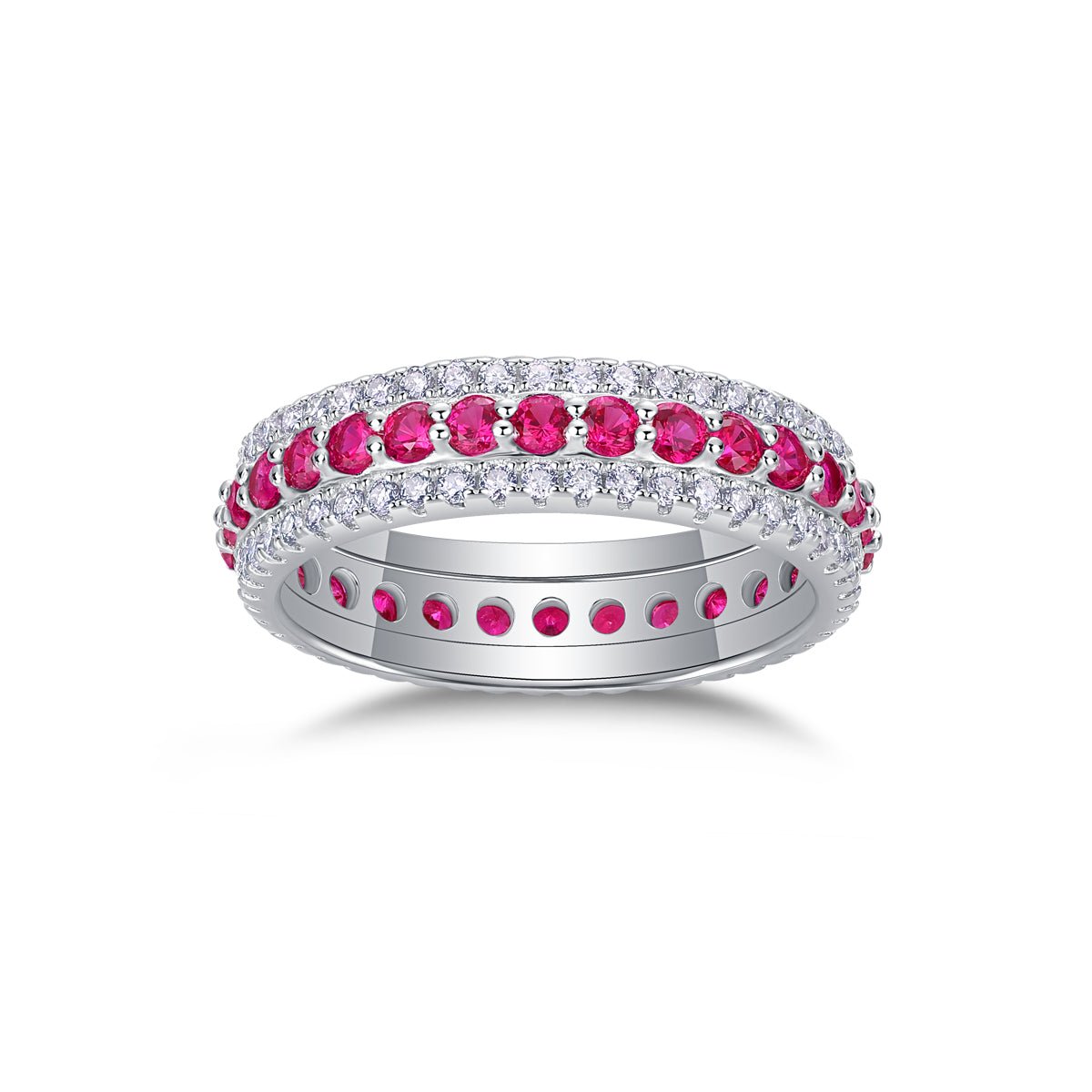 Bague en argent sterling S925 3,6 g, triple rangée pavée, rubis synthétique, bande éternelle plaquée platine, anneau de promesse pour femme - IVOIRART.COM