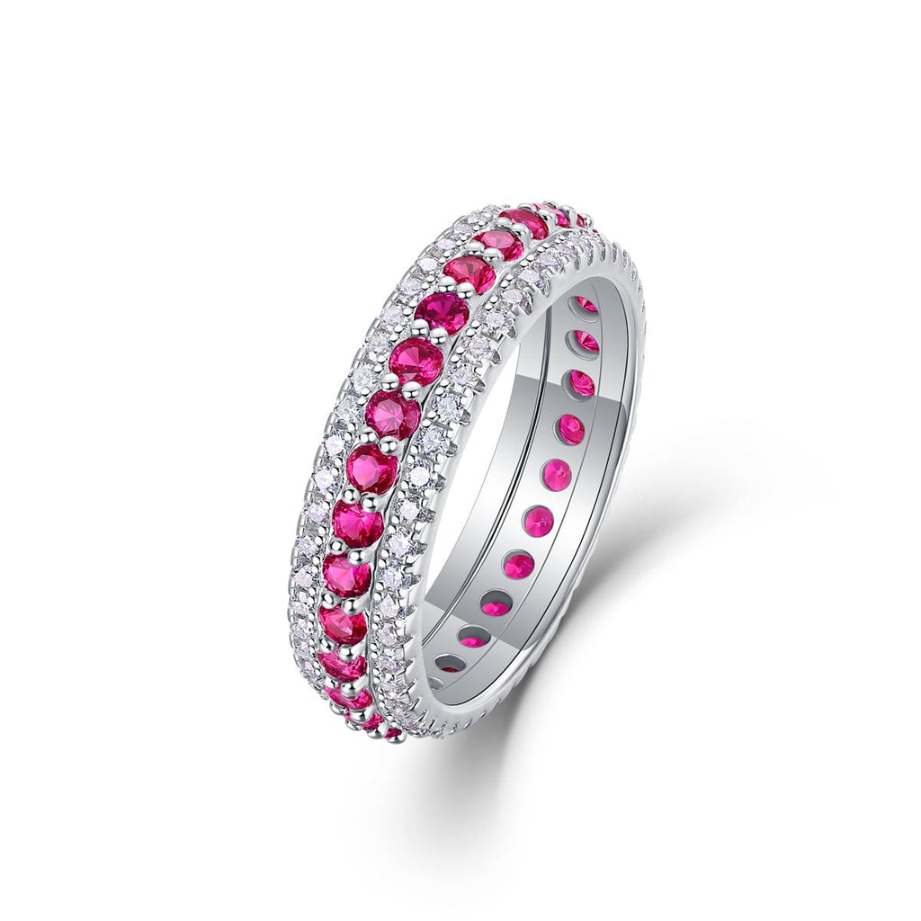 Bague en argent sterling S925 3,6 g, triple rangée pavée, rubis synthétique, bande éternelle plaquée platine, anneau de promesse pour femme - IVOIRART.COM