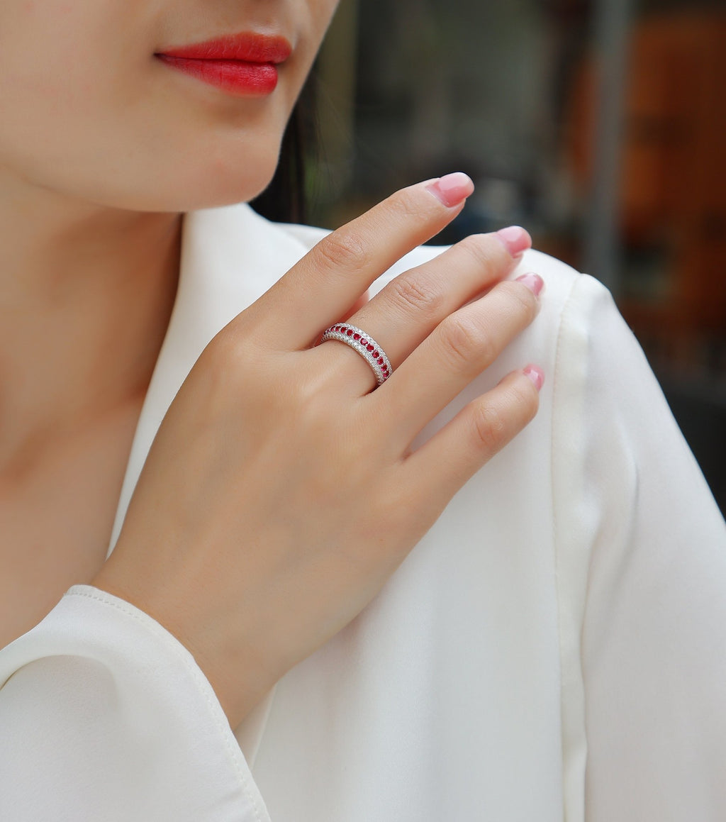 Bague en argent sterling S925 3,6 g, triple rangée pavée, rubis synthétique, bande éternelle plaquée platine, anneau de promesse pour femme - IVOIRART.COM