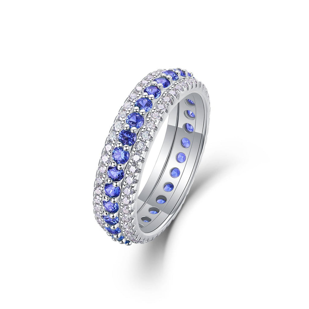 Bague Eternité à 3 Rangées S925 Argent Sterling 3,6g Saphirs Bleus Synthétiques & Pierres Blanches, Plaquée Platine, Bague de Promesse Femme, Coffret Cadeau Bijoux - IVOIRART.COM