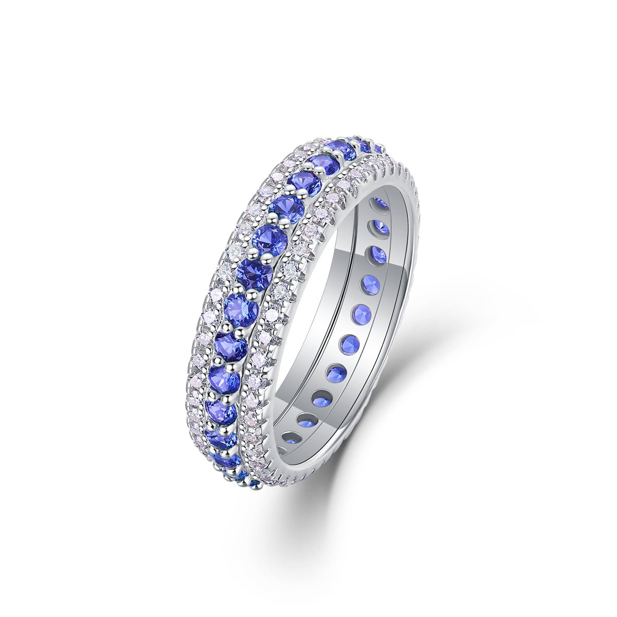 Bague Eternité à 3 Rangées S925 Argent Sterling 3,6g Saphirs Bleus Synthétiques & Pierres Blanches, Plaquée Platine, Bague de Promesse Femme, Coffret Cadeau Bijoux - IVOIRART.COM