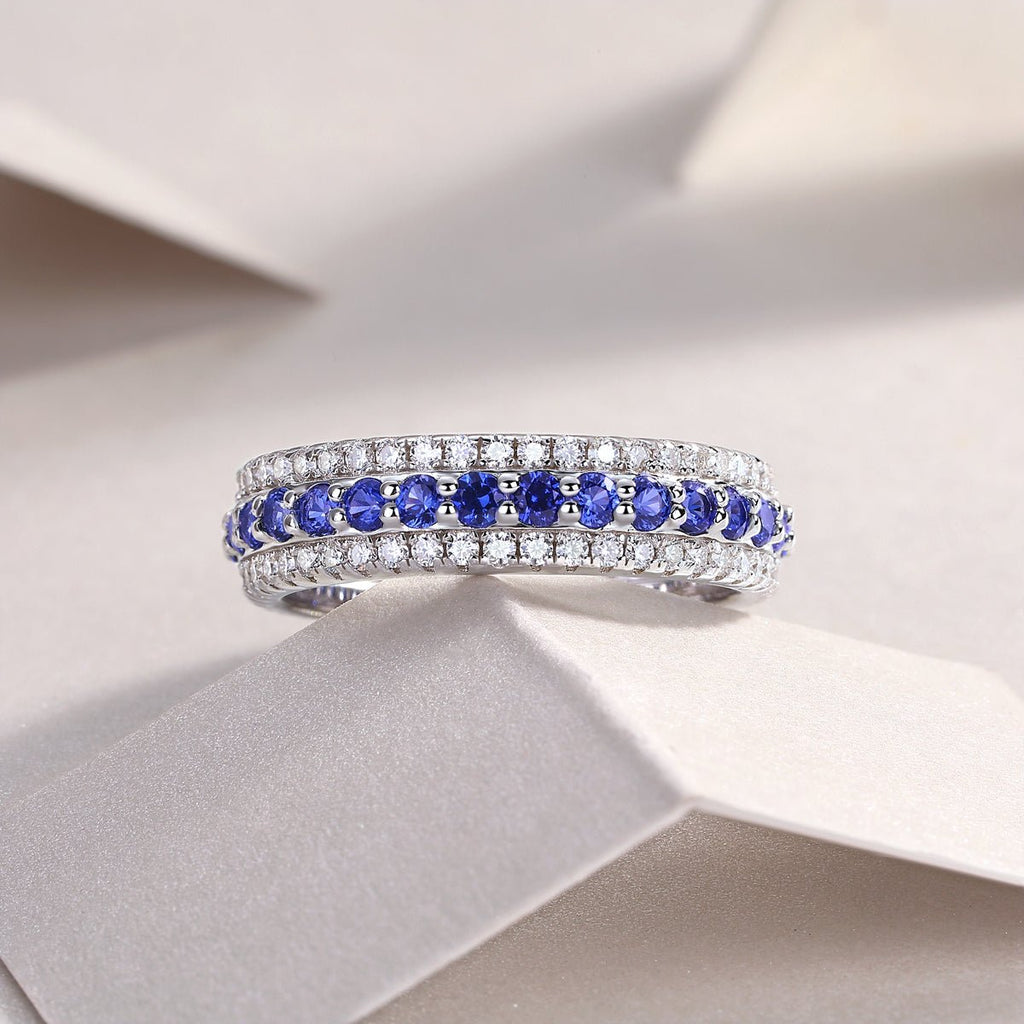 Bague Eternité à 3 Rangées S925 Argent Sterling 3,6g Saphirs Bleus Synthétiques & Pierres Blanches, Plaquée Platine, Bague de Promesse Femme, Coffret Cadeau Bijoux - IVOIRART.COM