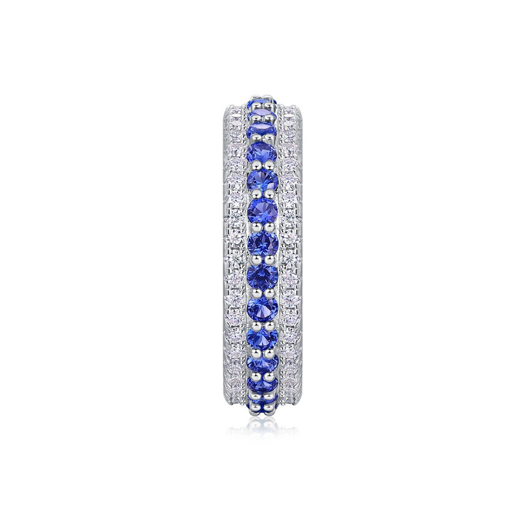 Bague Eternité à 3 Rangées S925 Argent Sterling 3,6g Saphirs Bleus Synthétiques & Pierres Blanches, Plaquée Platine, Bague de Promesse Femme, Coffret Cadeau Bijoux - IVOIRART.COM
