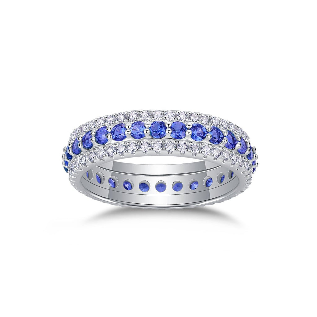 Bague Eternité à 3 Rangées S925 Argent Sterling 3,6g Saphirs Bleus Synthétiques & Pierres Blanches, Plaquée Platine, Bague de Promesse Femme, Coffret Cadeau Bijoux - IVOIRART.COM