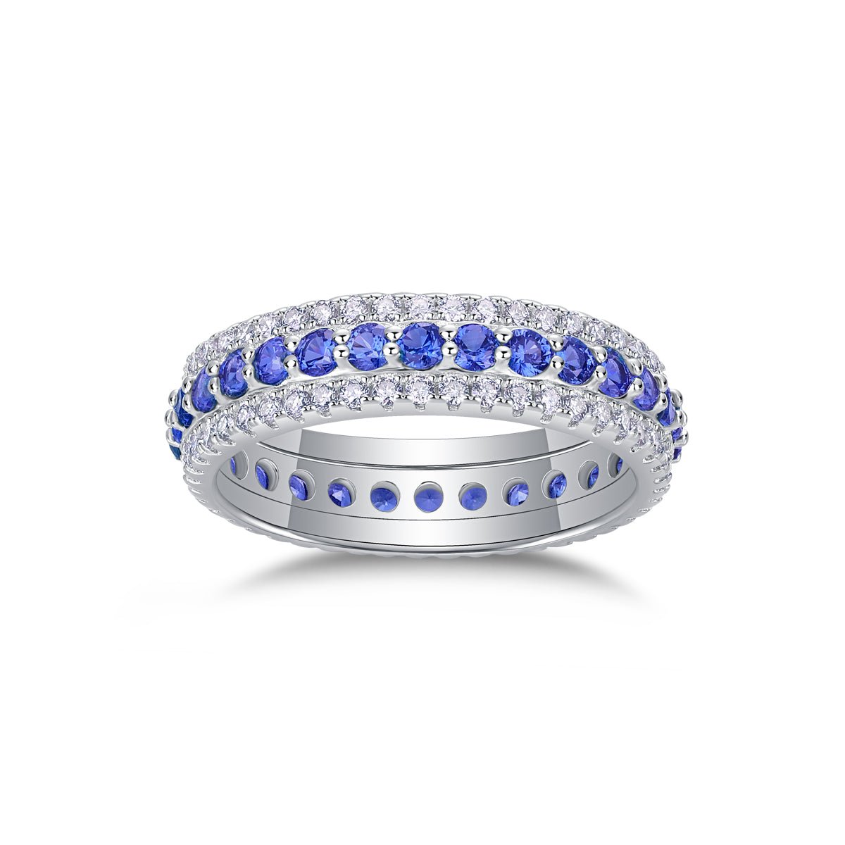 Bague Eternité à 3 Rangées S925 Argent Sterling 3,6g Saphirs Bleus Synthétiques & Pierres Blanches, Plaquée Platine, Bague de Promesse Femme, Coffret Cadeau Bijoux - IVOIRART.COM