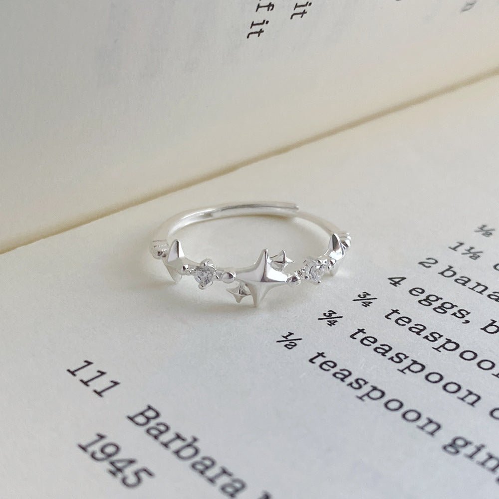 Bague Étoile à Quatre Branches en Argent Fin S999 avec Zircon Style Coréen Femme - IVOIRART.COM