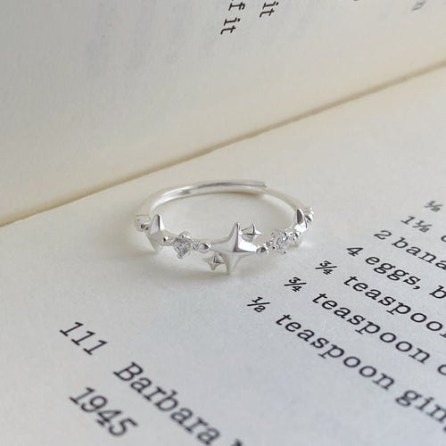 Bague Étoile à Quatre Branches en Argent Fin S999 avec Zircon Style Coréen Femme - IVOIRART.COM