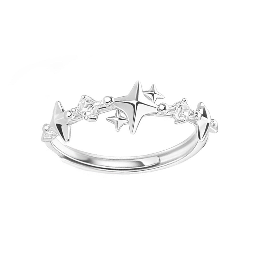 Bague Étoile à Quatre Branches en Argent Fin S999 avec Zircon Style Coréen Femme - IVOIRART.COM