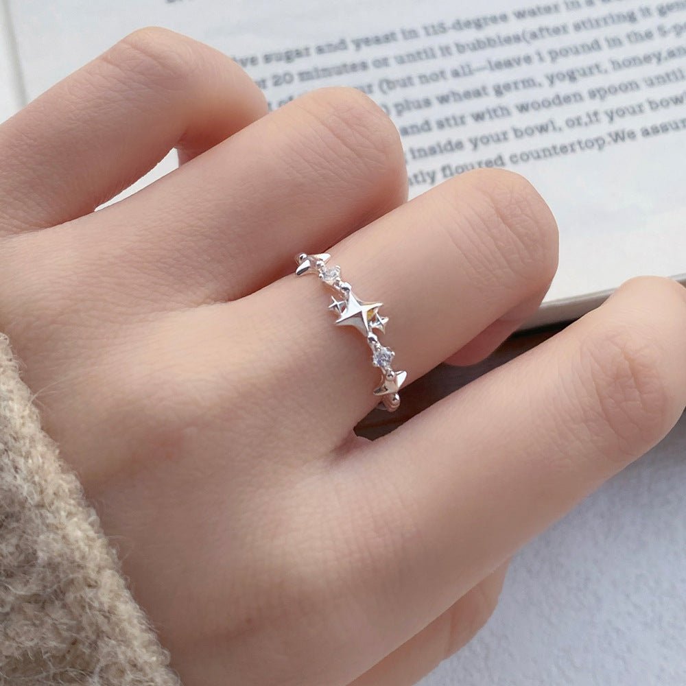 Bague Étoile à Quatre Branches en Argent Fin S999 avec Zircon Style Coréen Femme - IVOIRART.COM