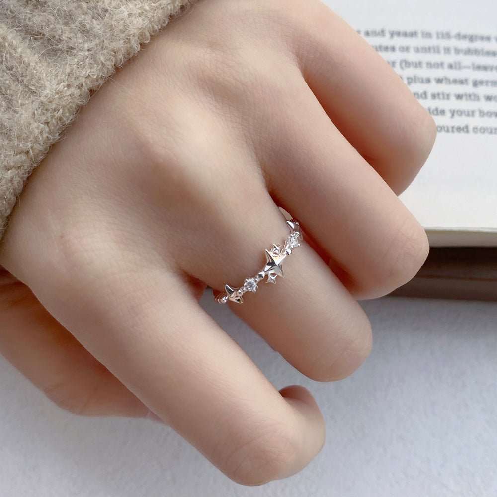 Bague Étoile à Quatre Branches en Argent Fin S999 avec Zircon Style Coréen Femme - IVOIRART.COM
