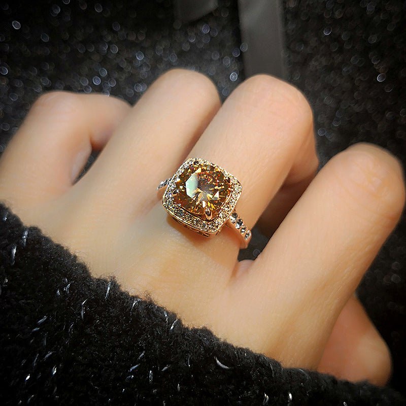 Bague femme carrée à pierre citrine et zircon - Anneau mode élégant et brillant. - IVOIRART.COM
