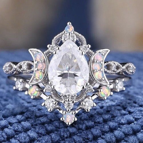 Bague Femme Élégante avec Pierres Colorées Pierre de Lune Forme Goutte d'Eau Zircon - IVOIRART.COM