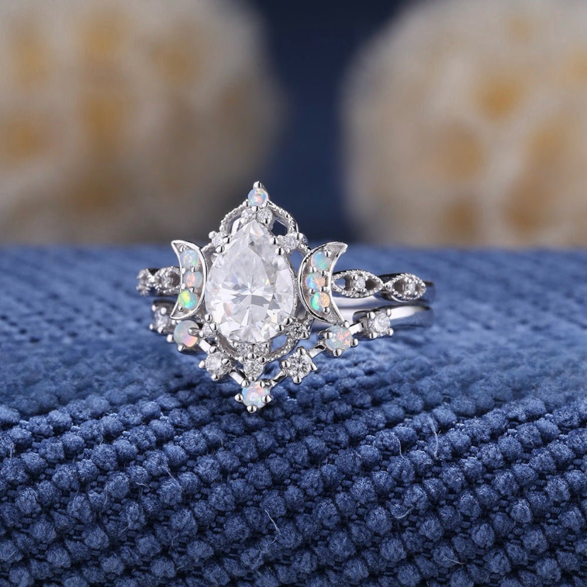 Bague Femme Élégante avec Pierres Colorées Pierre de Lune Forme Goutte d'Eau Zircon - IVOIRART.COM