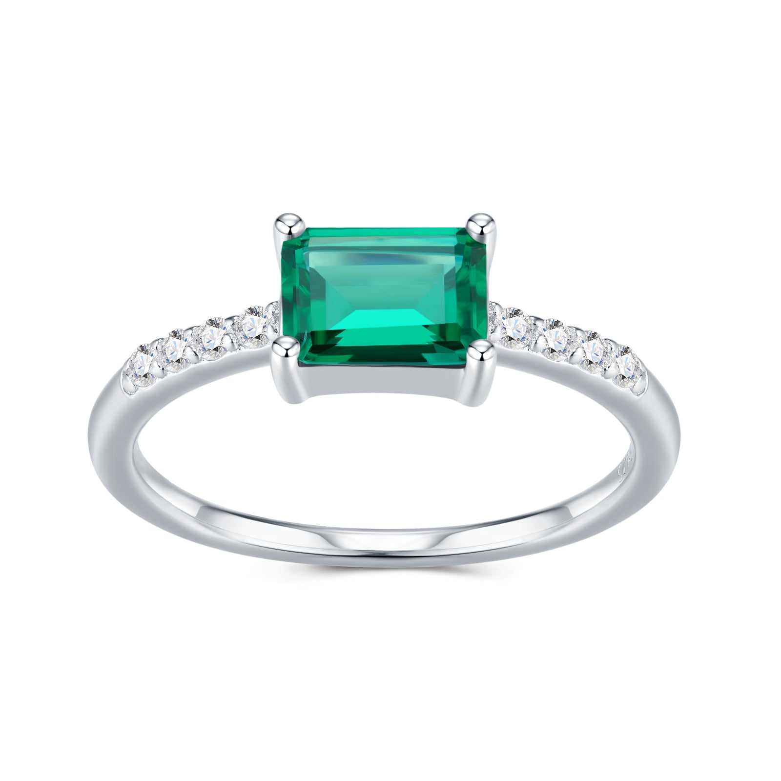 Bague fine 2g en argent 925 plaqué platine avec émeraude octogonale cultivée - IVOIRART.COM