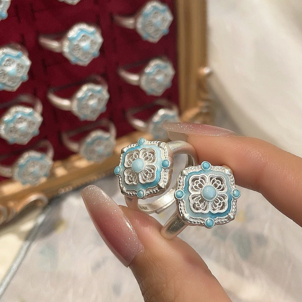 Bague Fleur Trésor Émaillée en Filigrane Argent 999,9‰, Style Rétro Luxueux, Cadeau Idéal Anniversaires Fêtes - IVOIRART.COM