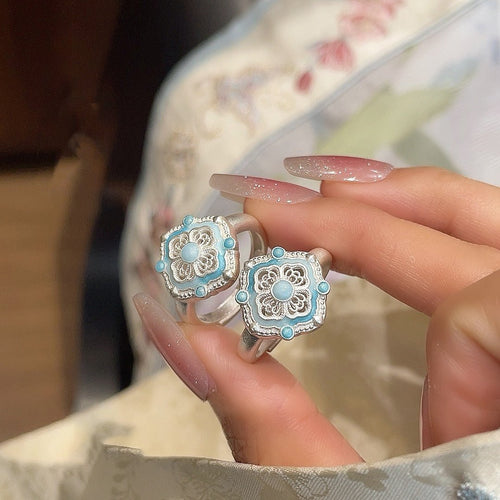 Bague Fleur Trésor Émaillée en Filigrane Argent 999,9‰, Style Rétro Luxueux, Cadeau Idéal Anniversaires Fêtes - IVOIRART.COM