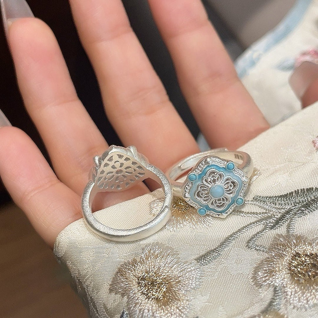 Bague Fleur Trésor Émaillée en Filigrane Argent 999,9‰, Style Rétro Luxueux, Cadeau Idéal Anniversaires Fêtes - IVOIRART.COM