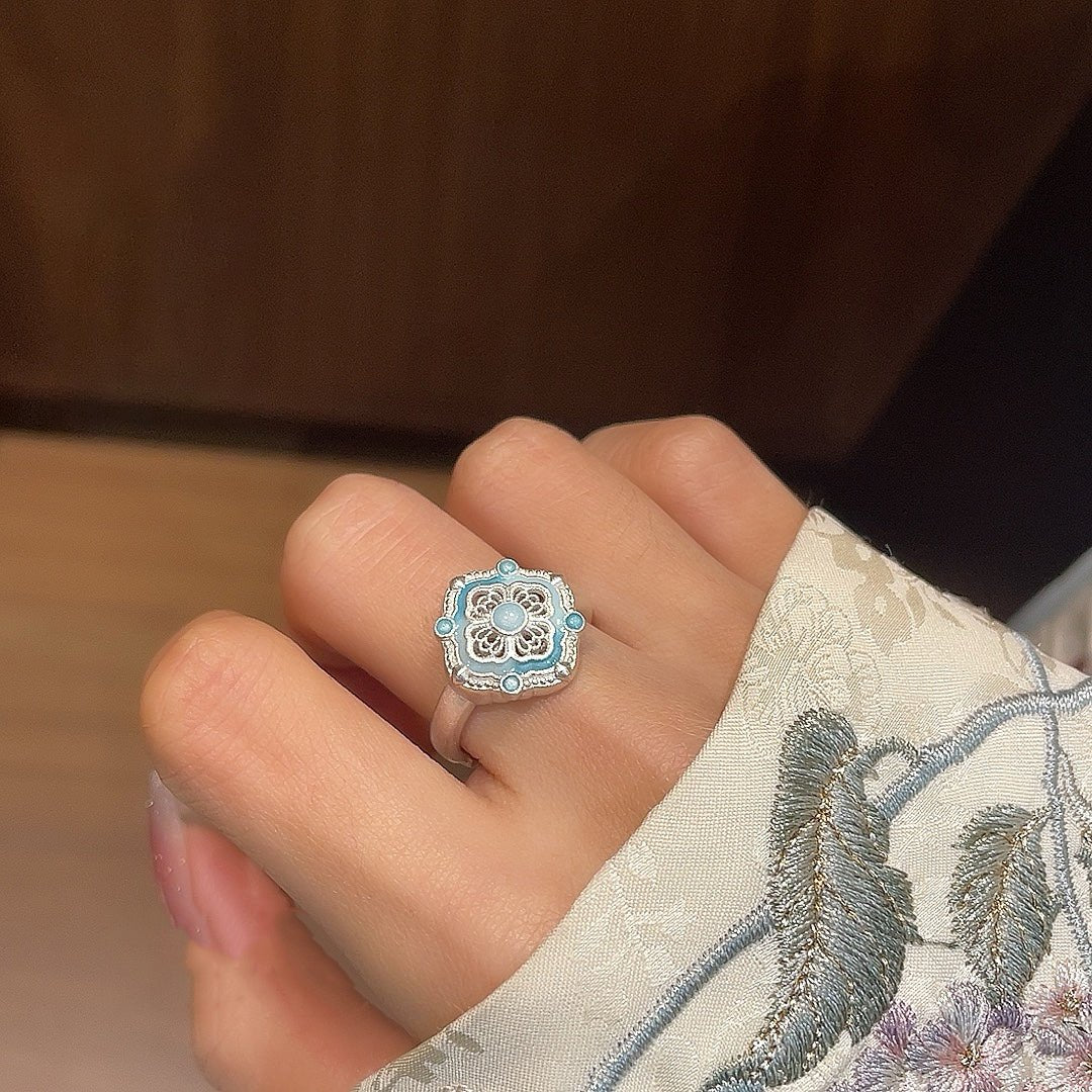 Bague Fleur Trésor Émaillée en Filigrane Argent 999,9‰, Style Rétro Luxueux, Cadeau Idéal Anniversaires Fêtes - IVOIRART.COM