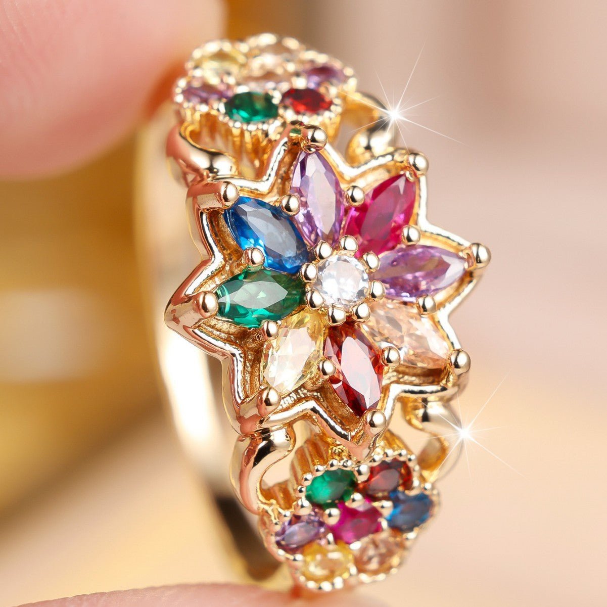 Bague florale tridimensionnelle multicolore pour femme — design géométrique chic. - IVOIRART.COM