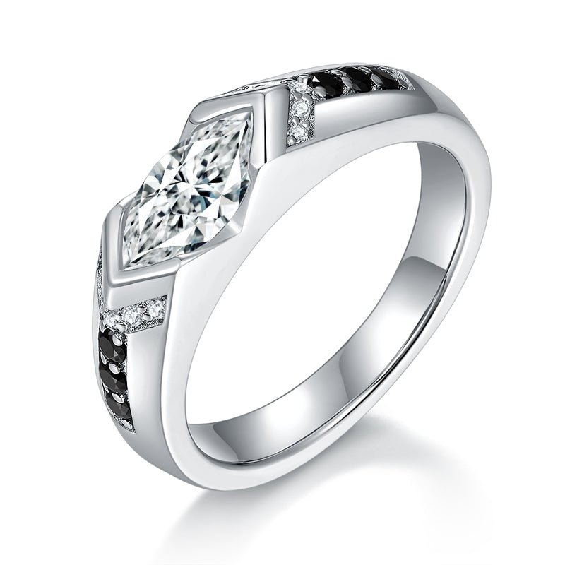 Bague Homme 1CT S925 Argent Sterling Marquise Moissanite, Argent Platine, Accents Pierres Noires - IVOIRART.COM