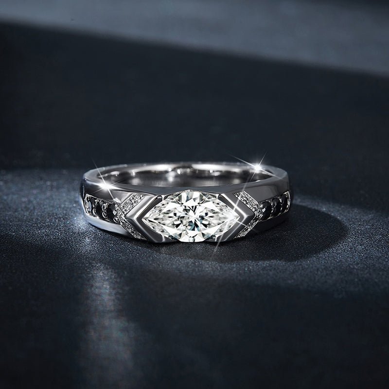 Bague Homme 1CT S925 Argent Sterling Marquise Moissanite, Argent Platine, Accents Pierres Noires - IVOIRART.COM