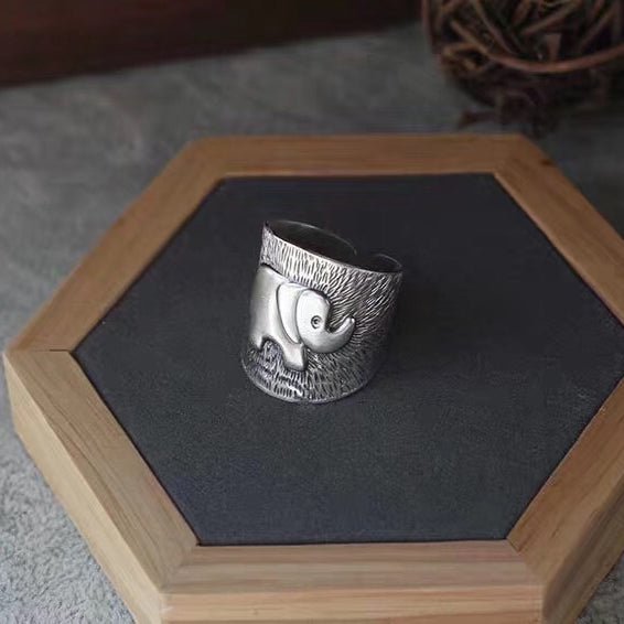 Bague large éléphant ouverte en argent sterling 990, style bohème ethnique, pour tenue décontractée quotidienne - IVOIRART.COM