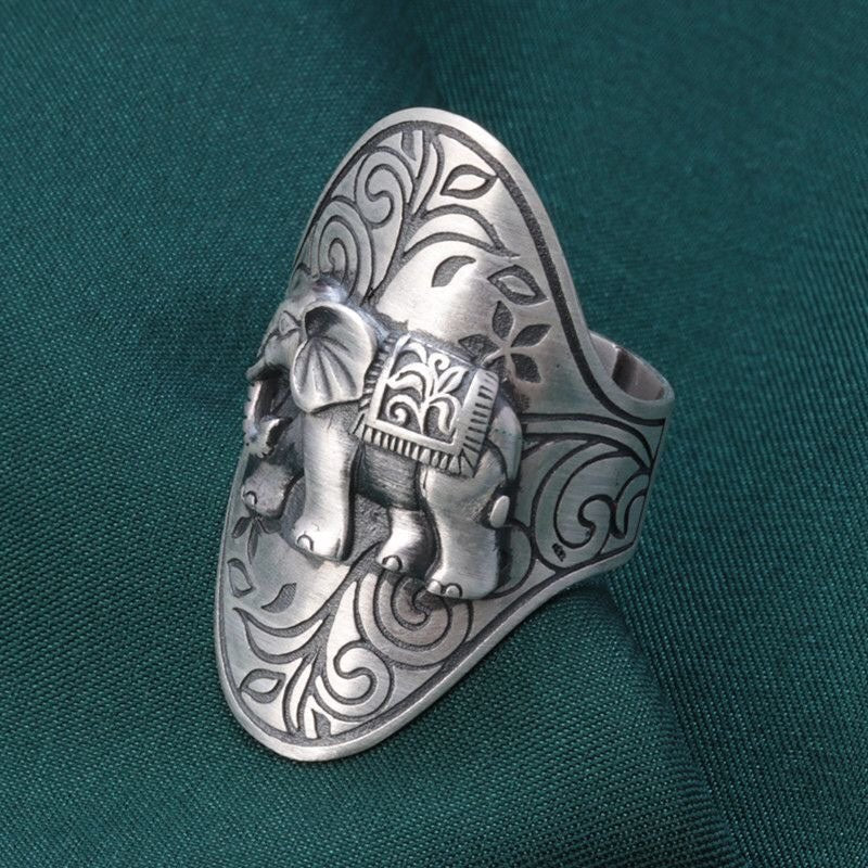 Bague large éléphant ouverte en argent sterling 990, style bohème ethnique, pour tenue décontractée quotidienne - IVOIRART.COM