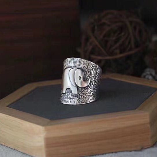 Bague large éléphant ouverte en argent sterling 990, style bohème ethnique, pour tenue décontractée quotidienne - IVOIRART.COM