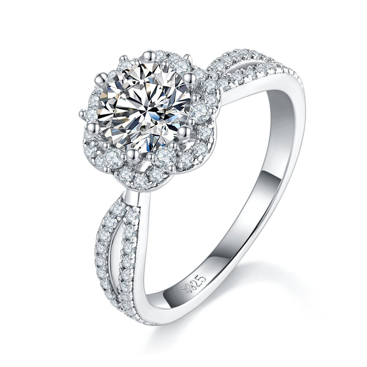 Bague Moissanite 1ct S925 Argent 6,5mm D-VVS1 Halo Twist Bande Torsadée BoîteGRA - IVOIRART.COM