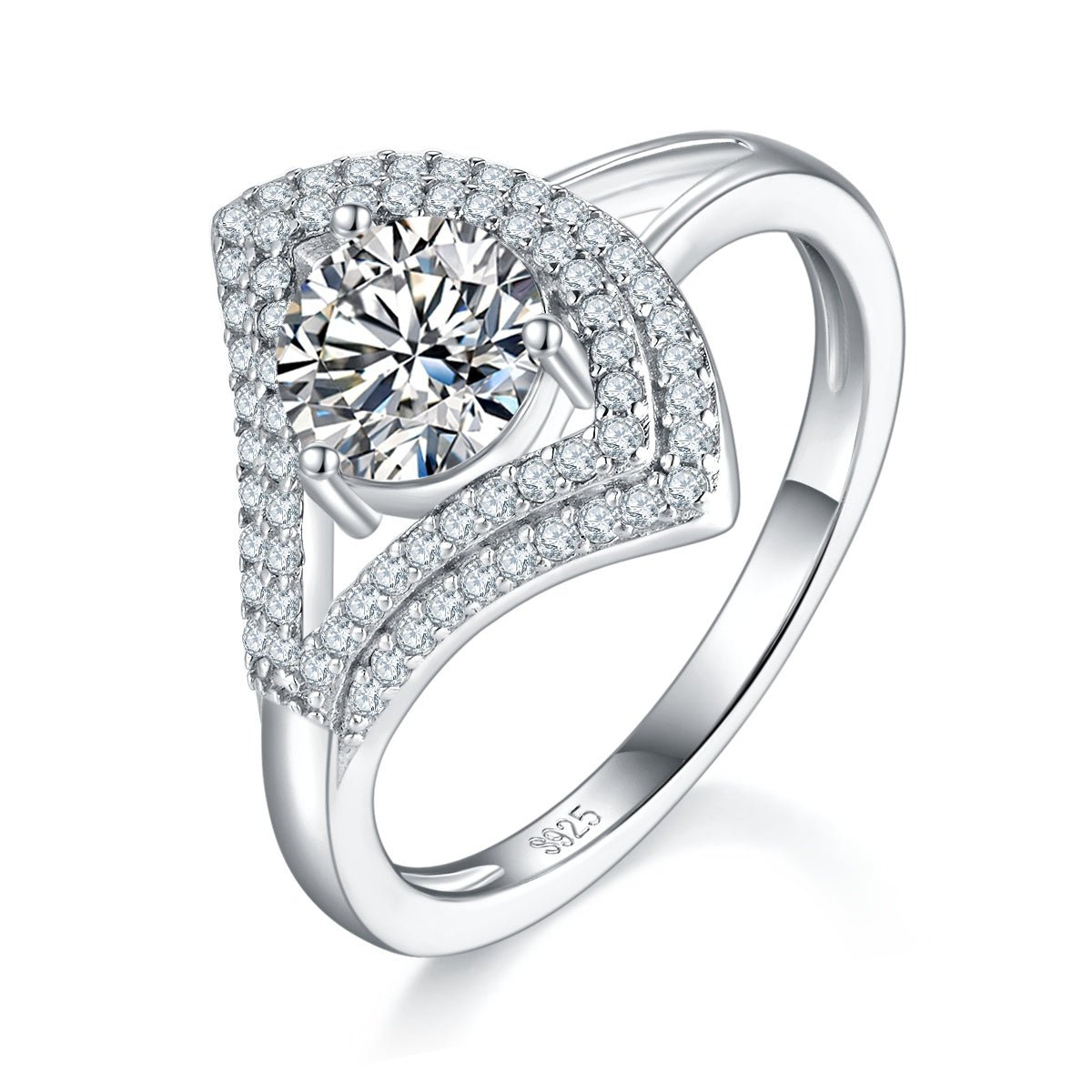 Bague Moissanite 1ct S925 Argent Plaqué Platine, Halo V géométrique D-VVS1 3gGRA - IVOIRART.COM