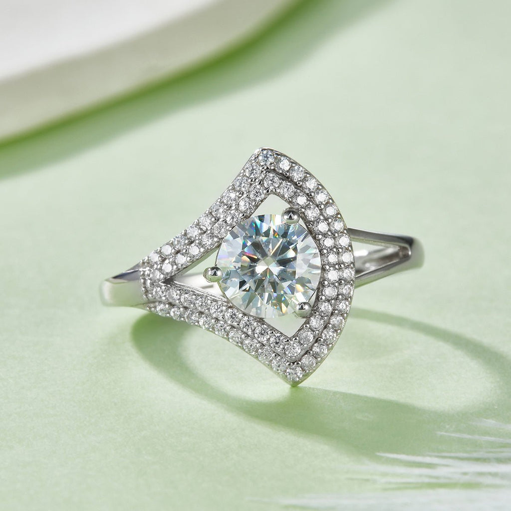 Bague Moissanite 1ct S925 Argent Plaqué Platine, Halo V géométrique D-VVS1 3gGRA - IVOIRART.COM