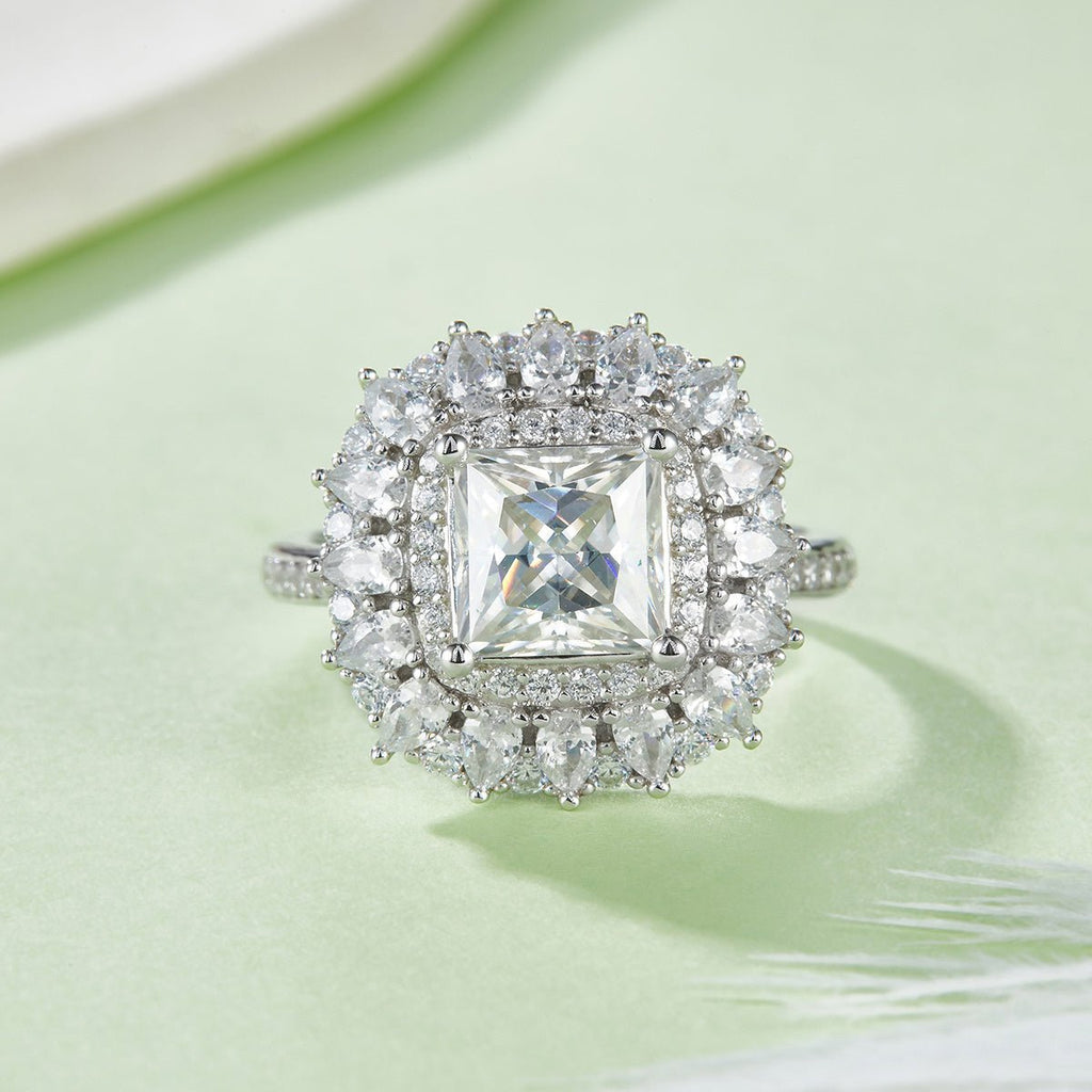 Bague Moissanite 2ct Princesse S925 Argent Double Halo D-VVS1 Platine US5-9,5.8g - IVOIRART.COM