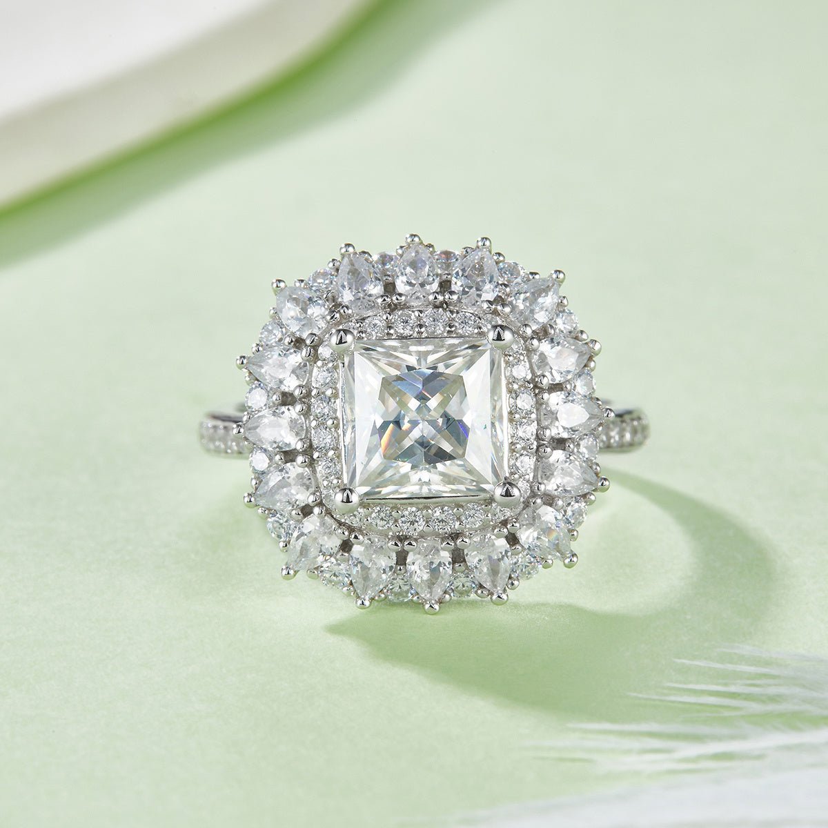 Bague Moissanite 2ct Princesse S925 Argent Double Halo D-VVS1 Platine US5-9,5.8g - IVOIRART.COM