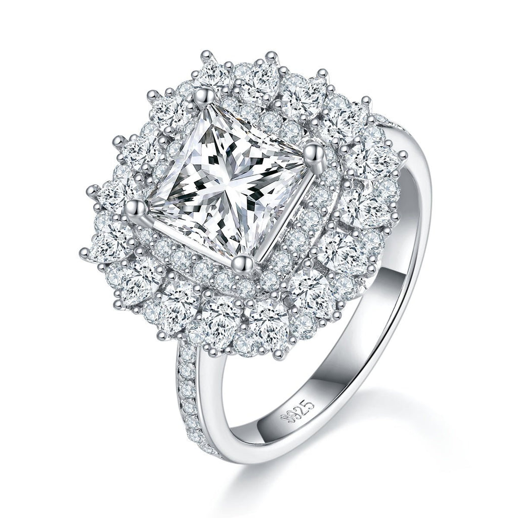 Bague Moissanite 2ct Princesse S925 Argent Double Halo D-VVS1 Platine US5-9,5.8g - IVOIRART.COM