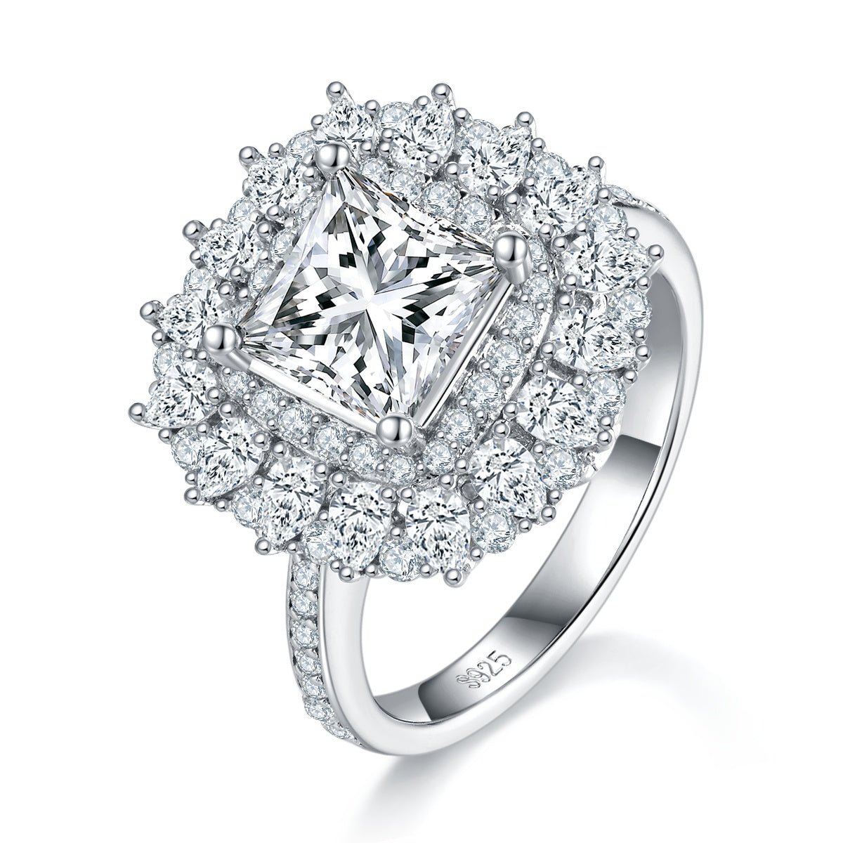 Bague Moissanite 2ct Princesse S925 Argent Double Halo D-VVS1 Platine US5-9,5.8g - IVOIRART.COM
